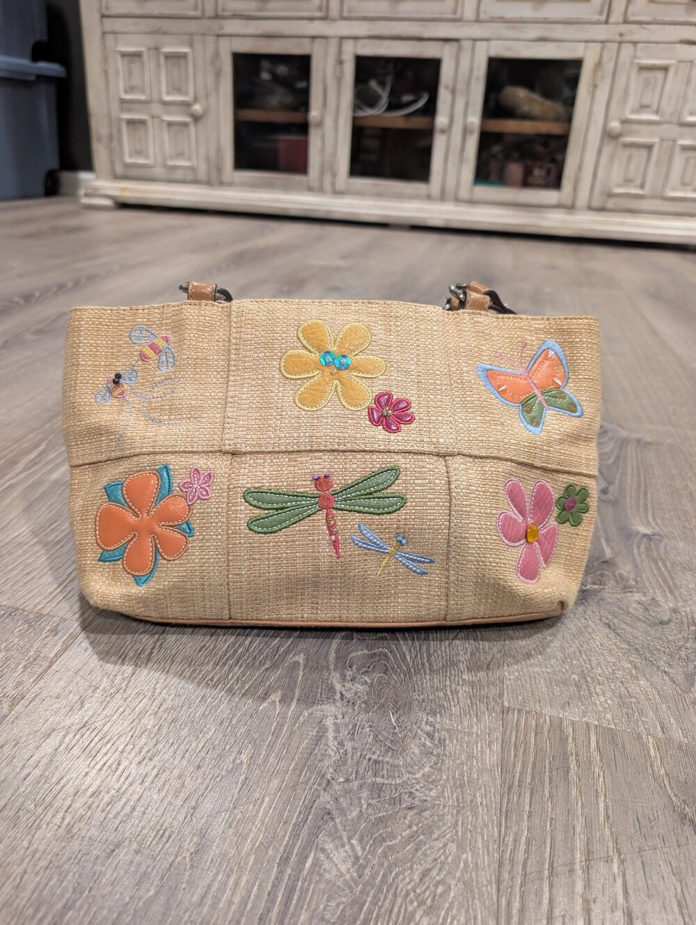 Rosetti Vintage Straw Shoulder Bag Embroidered Floral Butterfly Dragonfly Purse
